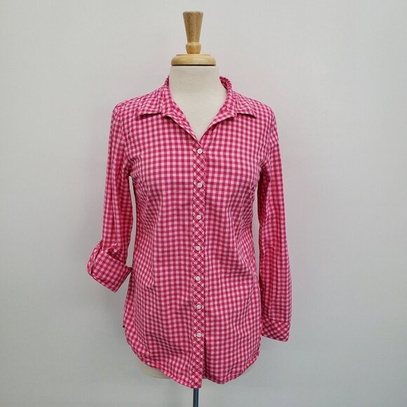 Talbots Tops - Talbots Womens Button Up Gingham Plaid Roll Tab Sleeve Shirt Blouse Size S Pink